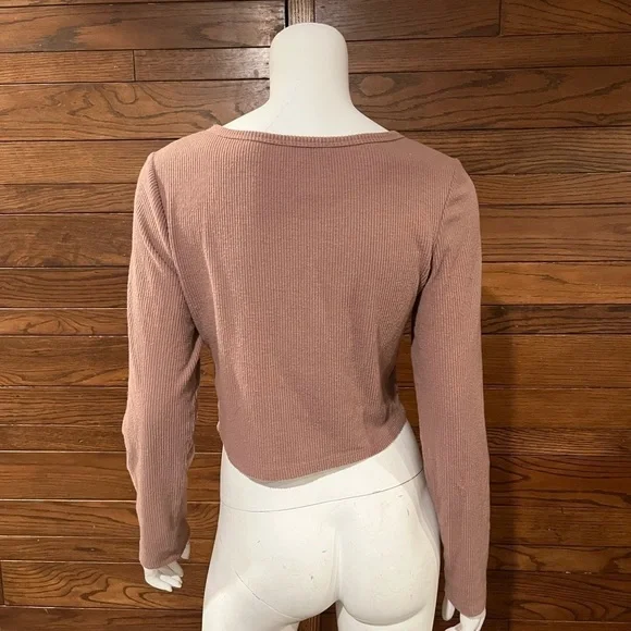 LOVE Tree. Ribbed. Crop top. Tan. Button up. Scoop neck. Rousching. - Picture 3 of 4
